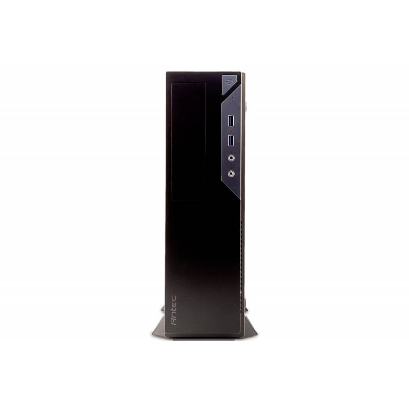 Ett svart datorhölje med slank design, två USB-portar och ljudanslutningar på framsidan, tillsammans med logotypen 'Antec'.
