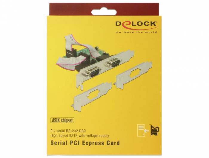 'Seriellt PCI Express-kort' Förpackning med bild av kortet och kabeln. Text: 'ASIX-kretssats', '2 x seriell RS-232 DB9', 'Hög hastighet 921K med spänningsförsörjning'.