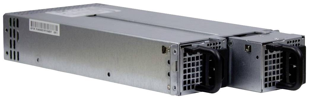 En metallströmförsörjningsenhet med två fläktar på framsidan, lämplig för serverrum eller IT-infrastrukturer.