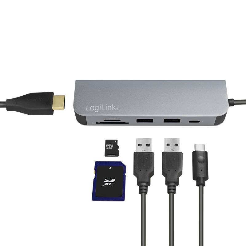 En USB-C-hubb med flera anslutningar, inklusive USB-A, HDMI, SD-kortläsare och fler. Visar anslutningen av olika enheter.