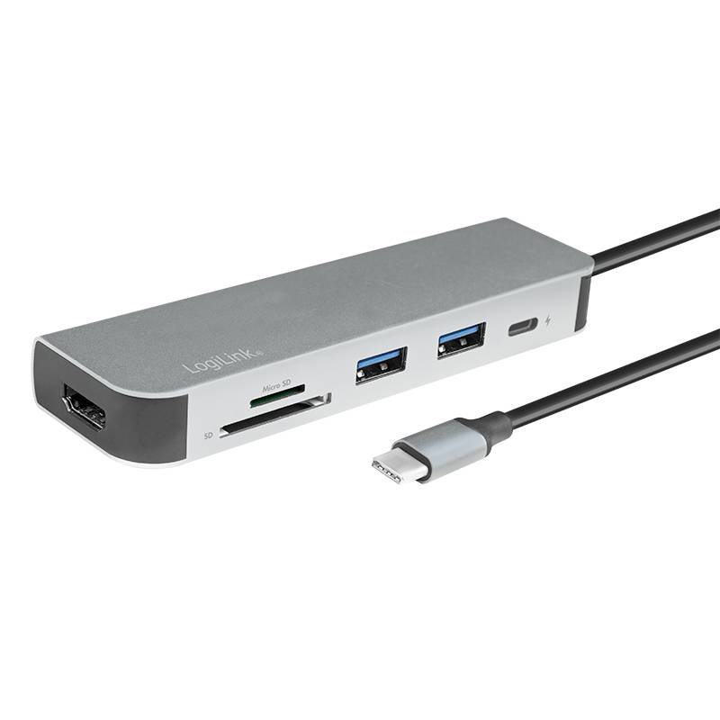 Rektangulär USB-C-hubb med HDMI-, SD-, MicroSD-, USB- och USB-C-portar. Anslutningsdel och kabel synliga.