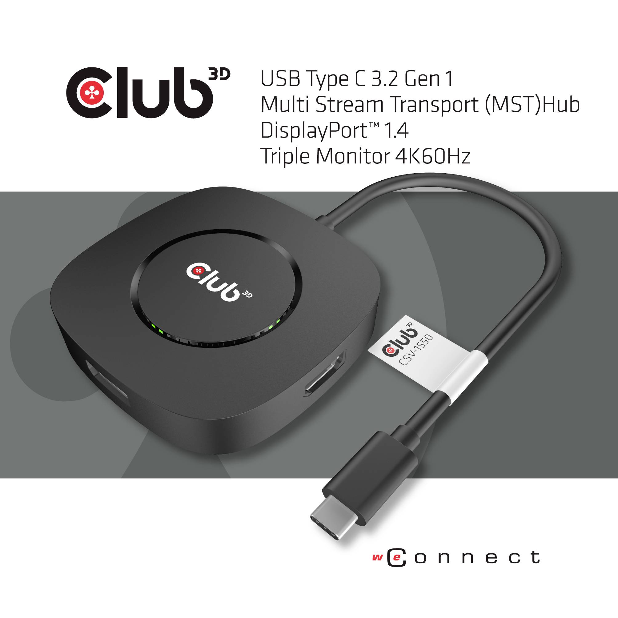 Klubb 3D Multistream transportnav för USB Type C. Stöder trippelskärm 4K vid 60 Hz. DisplayPort 1.4-kompatibel.