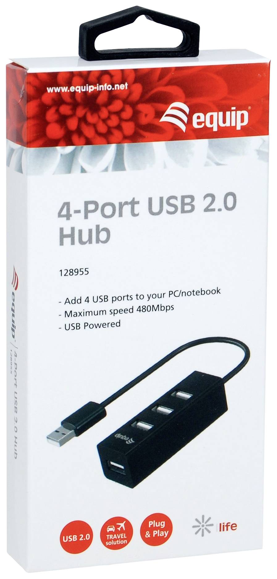 Förpackning för en 4-ports USB 2.0-hubb. Innehåller en bild av hubben, produktspecifikationer och varumärkeslogotyp. Maximal hastighet: 480 Mbps.
