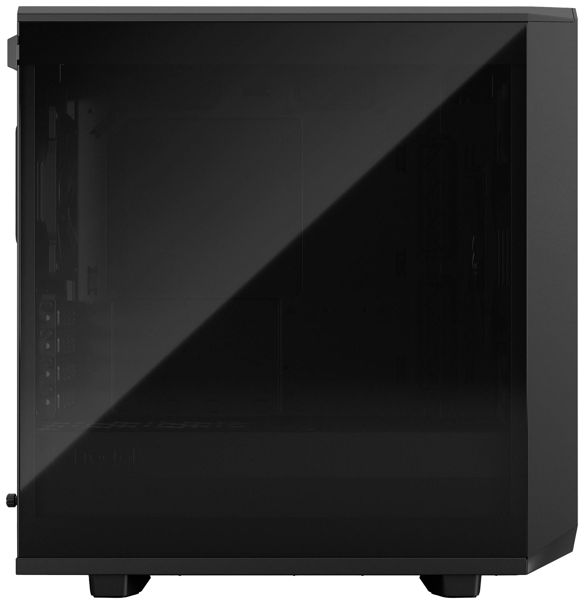 Svart datorhölje med glasad sidodörr, interiören är tom, med enkel och modern design.