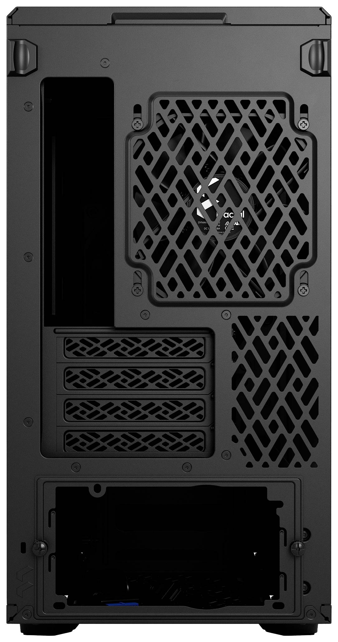 Svart datorhölje sett bakifrån med ventilationsöppningar och flera PCI-expansionsplatser.