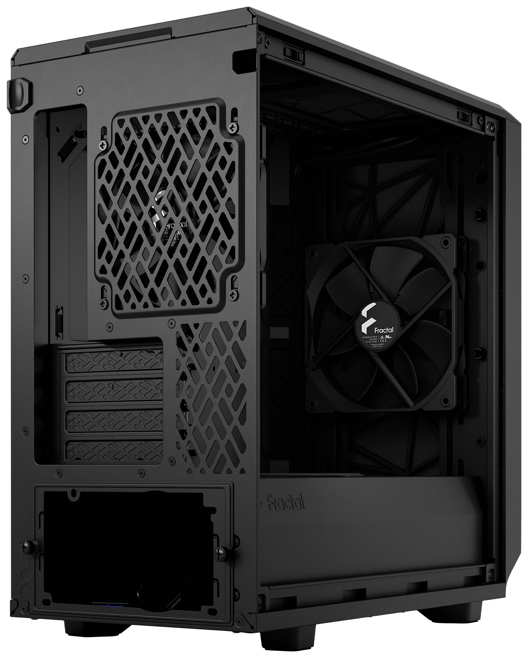 Svart datorhölje med öppet innerutrymme. Visar fläktinstallation inuti och perforerad baksida för bättre ventilation.