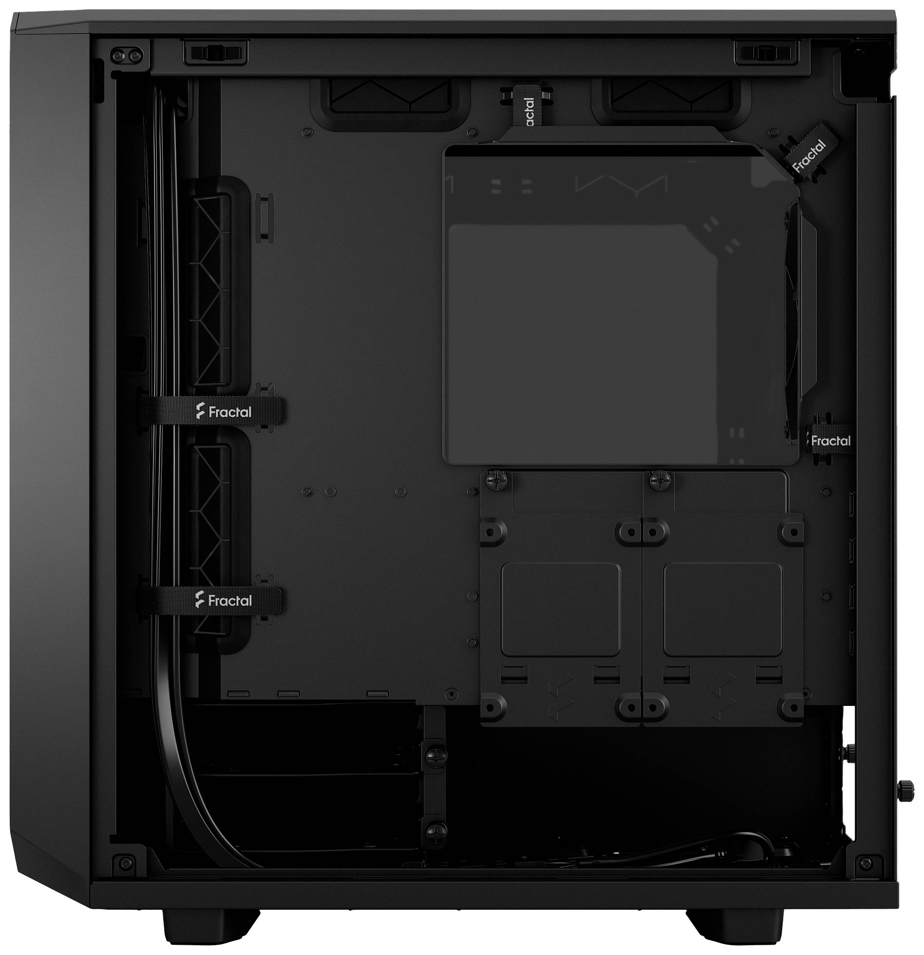 Svart, tomt datorhölje med öppna sidor som visar interiören med fästen och kablar, lämpligt för installation av PC-komponenter.