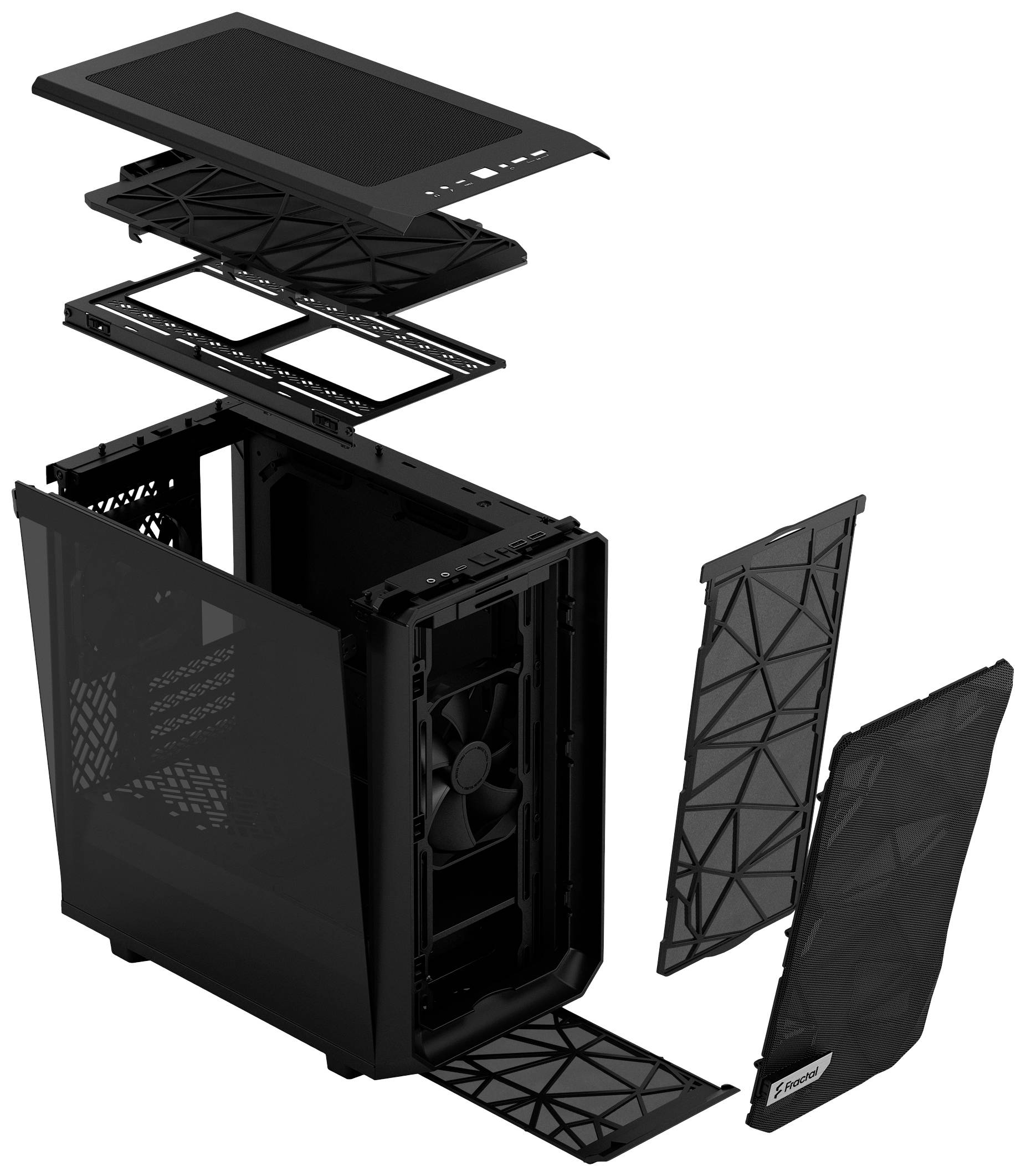 Isärtaget PC-hölje med synliga enskilda komponenter: Hölje, sidopaneler, front, ovansida och fläktar kan urskiljas.