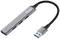 En silver USB 3.0-hubb med fyra portar och en kort kabel.