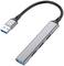 USB-adapter med fyra portar och en svart kabel, avsedd för anslutning av flera enheter till en dator.