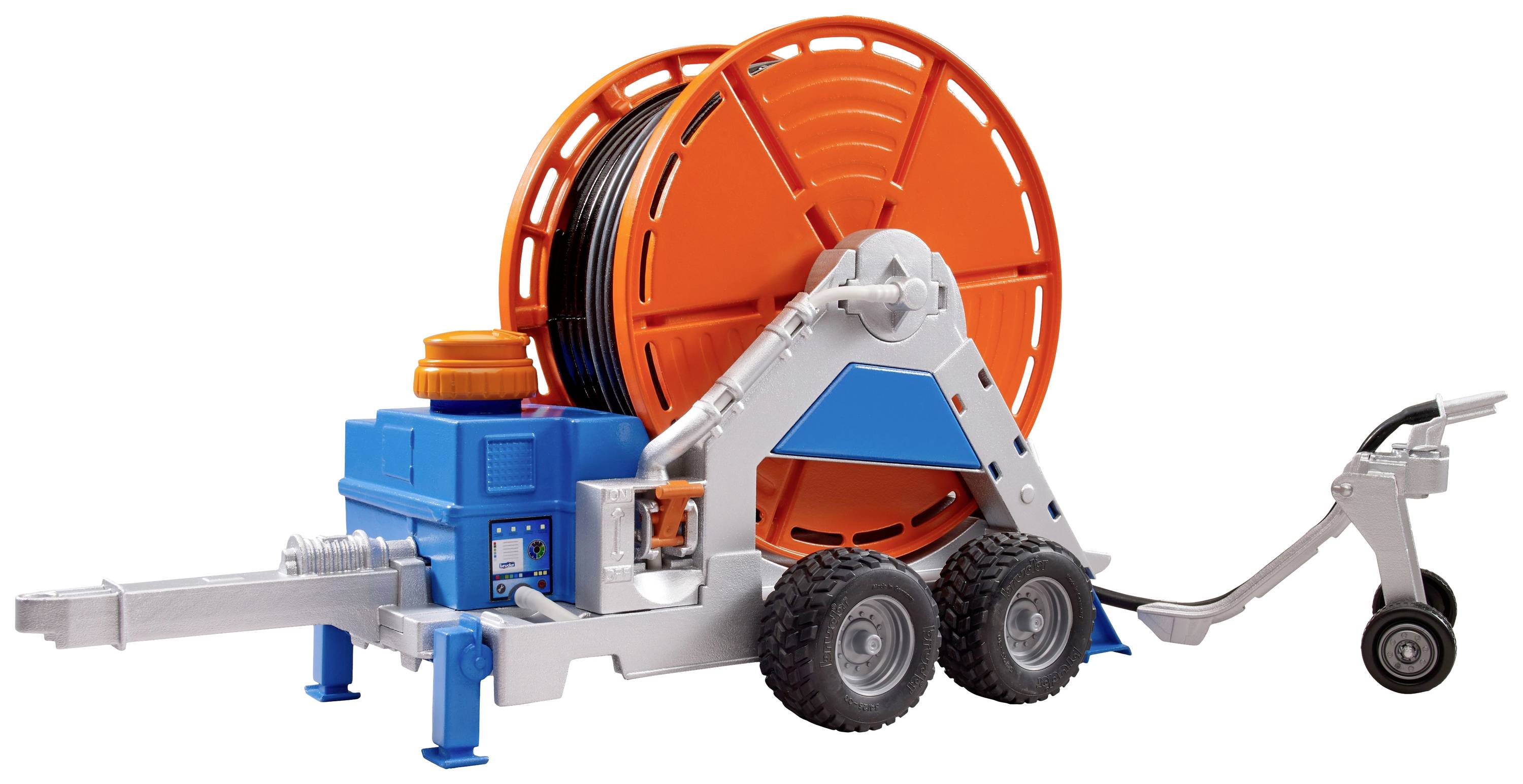 En mobil kabeltrumvagn med en stor orange trumma på hjul. Underlättar transport och hantering av kablar.
