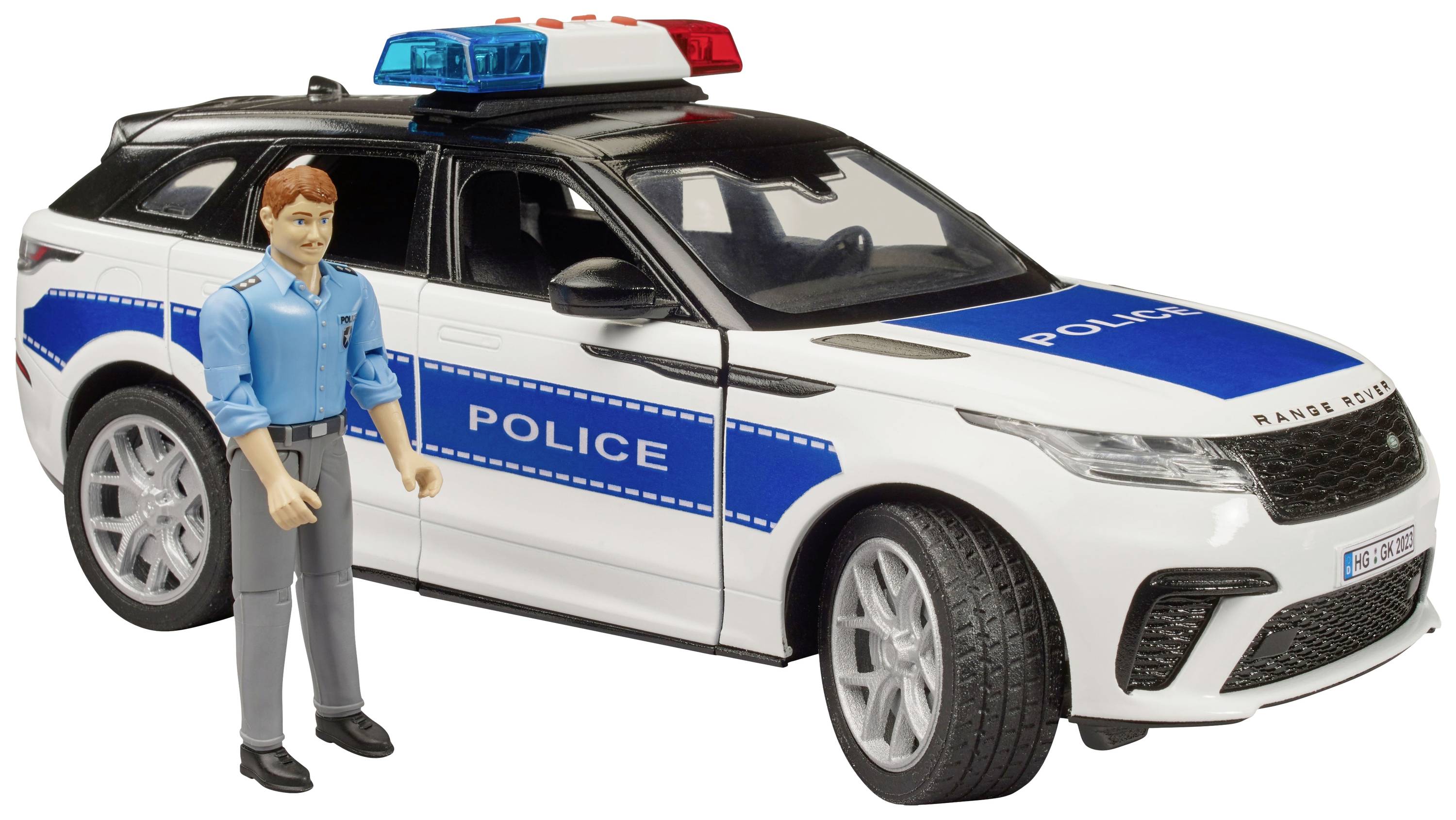 Leksakspolisbil med blå markeringar och blåljus på taket, bredvid en leksaksfigur i blå uniform.