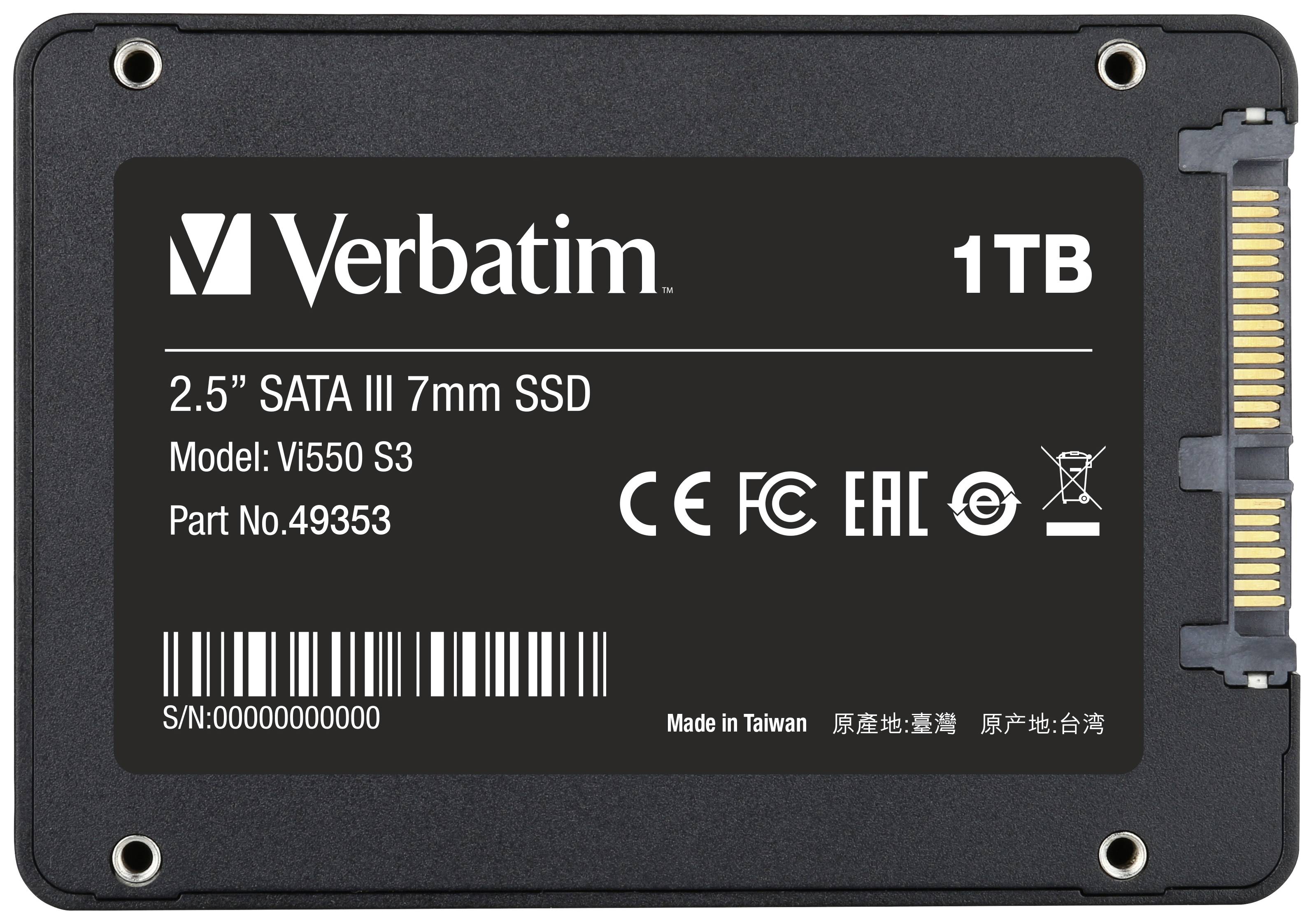 Svart 2,5-tums SATA III SSD-hårddisk från Verbatim med 1 TB kapacitet, modell Vi550 S3, artikelnummer 49353, med serienummer.