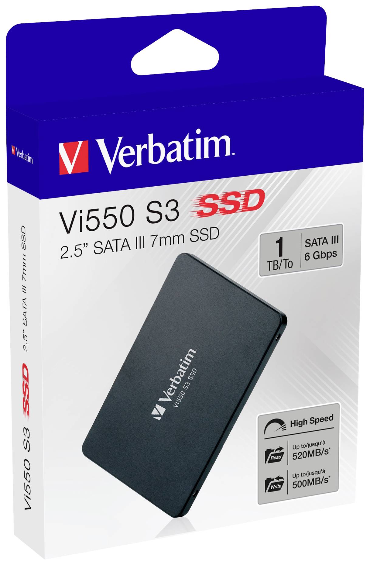 Verbatim Vi550 S3 SSD-box med lagringskapacitet på 1 TB, SATA III-gränssnitt och hastigheter upp till 520 MB/s.