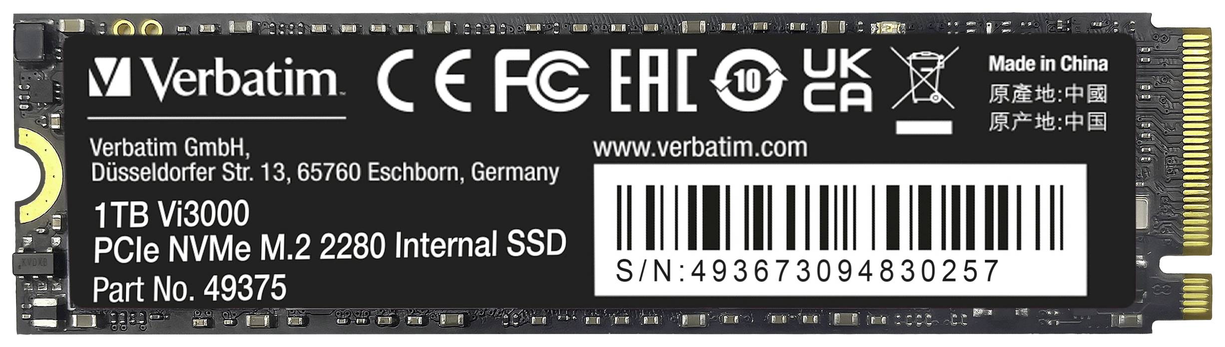 Intern SSD från Verbatim, 1 TB, PCIe NVMe M.2 2280. Modell VI3000, serienummer: 4936753094830257, tillverkad i Kina.