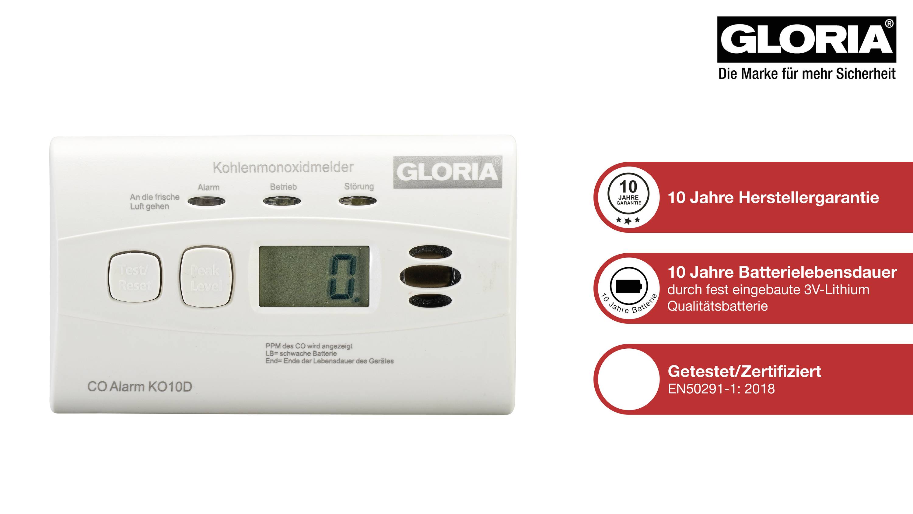 En batteridrivet kolmonoxidlarm med LCD-display och varumärkeslogotyp. Till höger en garanti- och certifieringsinformation.