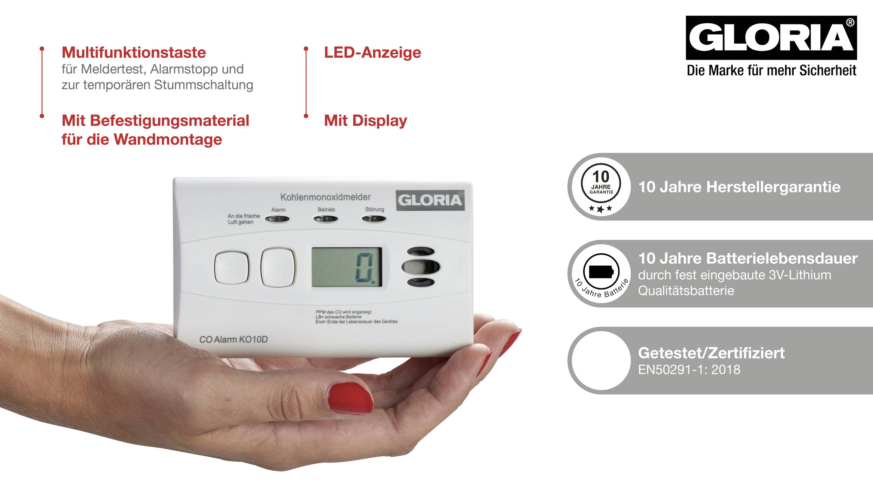 En hand håller en kolmonoxidmätare från GLORIA. Den visar '0' på displayen. Markeringar beskriver funktioner: LED-indikator, multifunktionsknapp, 10 års garanti.