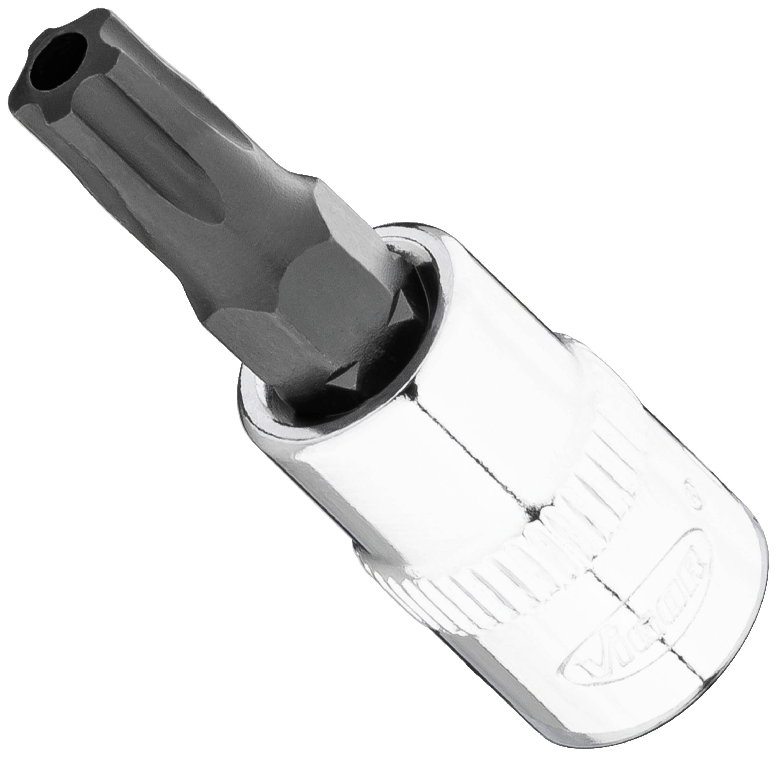 Hylsnyckel med Torx-bits, blank finish och tryckt logotyp på sidan, använd för precisionsarbeten med skruvar.