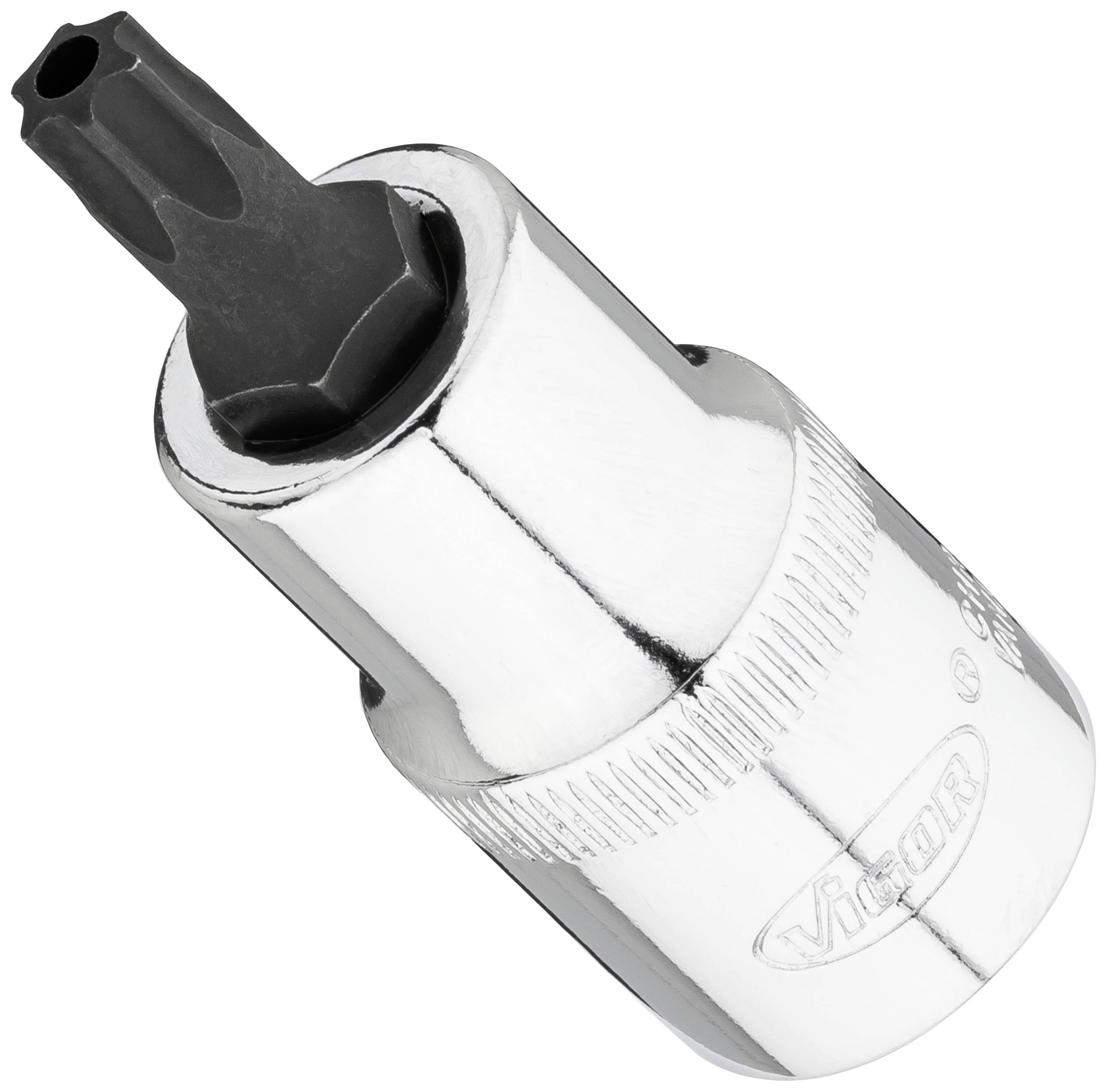 Ett silverfärgat skruvnyckelverktyg med ett svart Torx-bits, lämpligt för mekaniska eller hantverksmässiga arbeten.