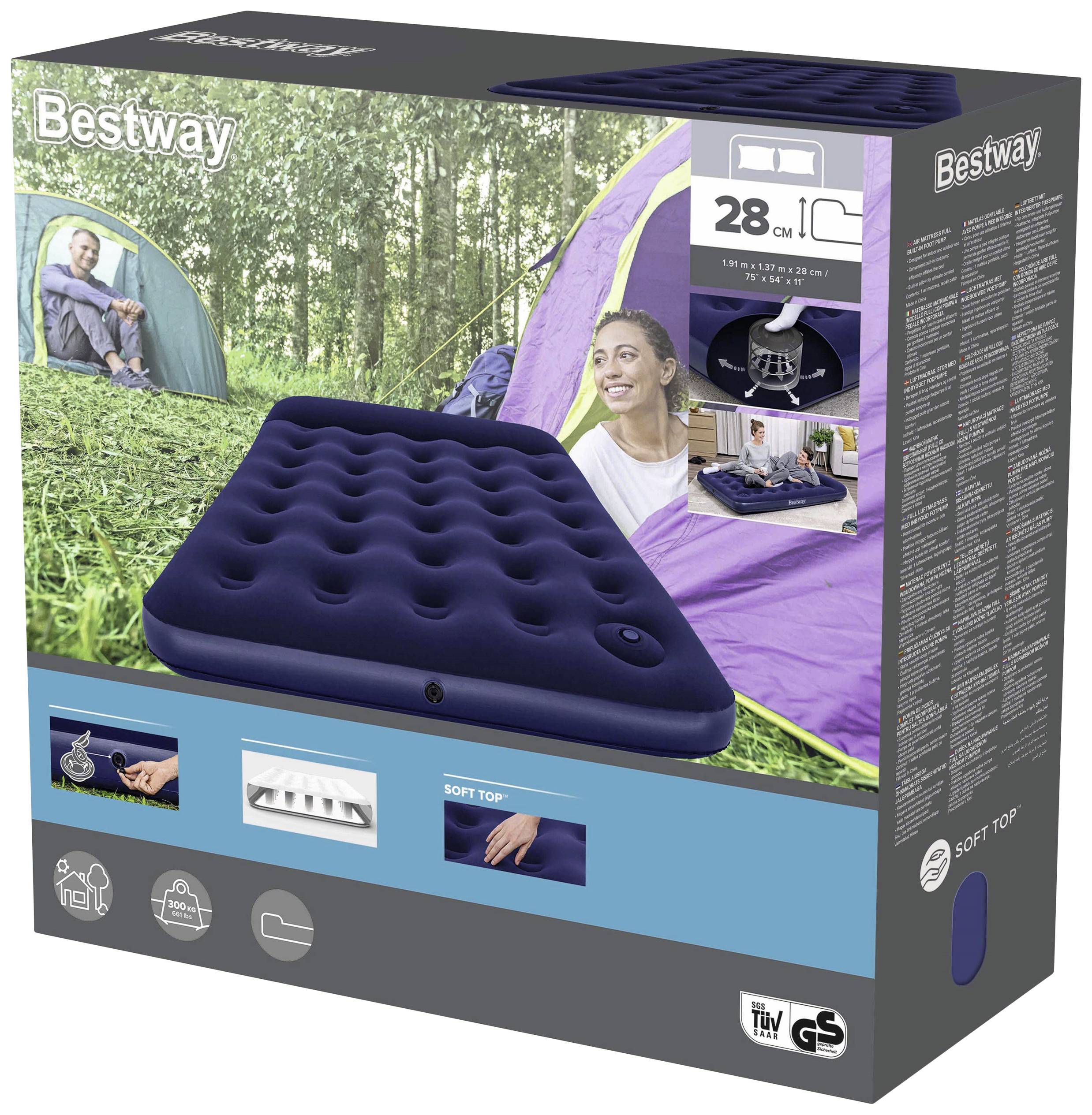 'Förpackning till en Bestway luftmadrass med bild av en madrass i ett tält, produktdetaljer och mått: 188x99x22 cm.'
