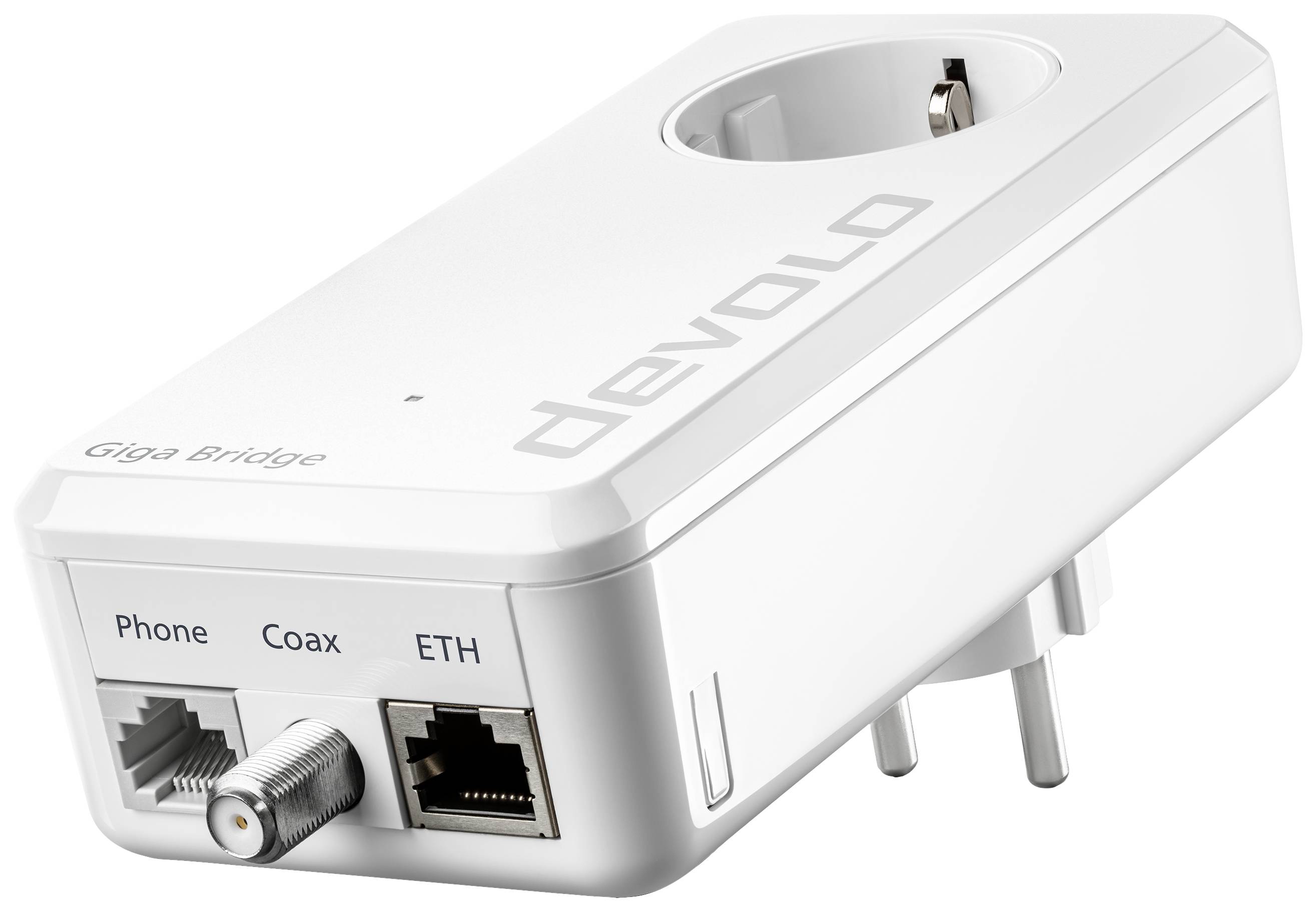 En vit Devolo Giga Bridge-adapter med Ethernet-, koaxial- och telefonanslutningar samt ett vägguttag uppe till höger.