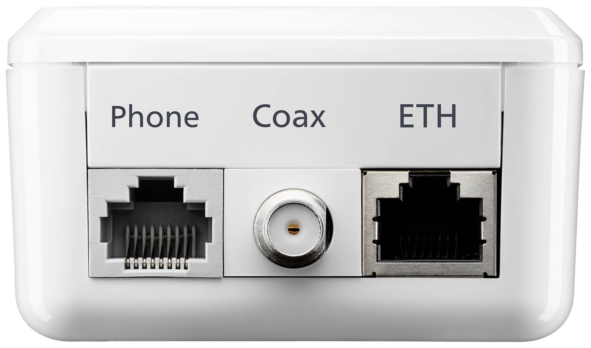 En vit enhet med tre anslutningar: 'Phone' för telefon, 'Coax' för koaxialkabel och 'ETH' för Ethernet.