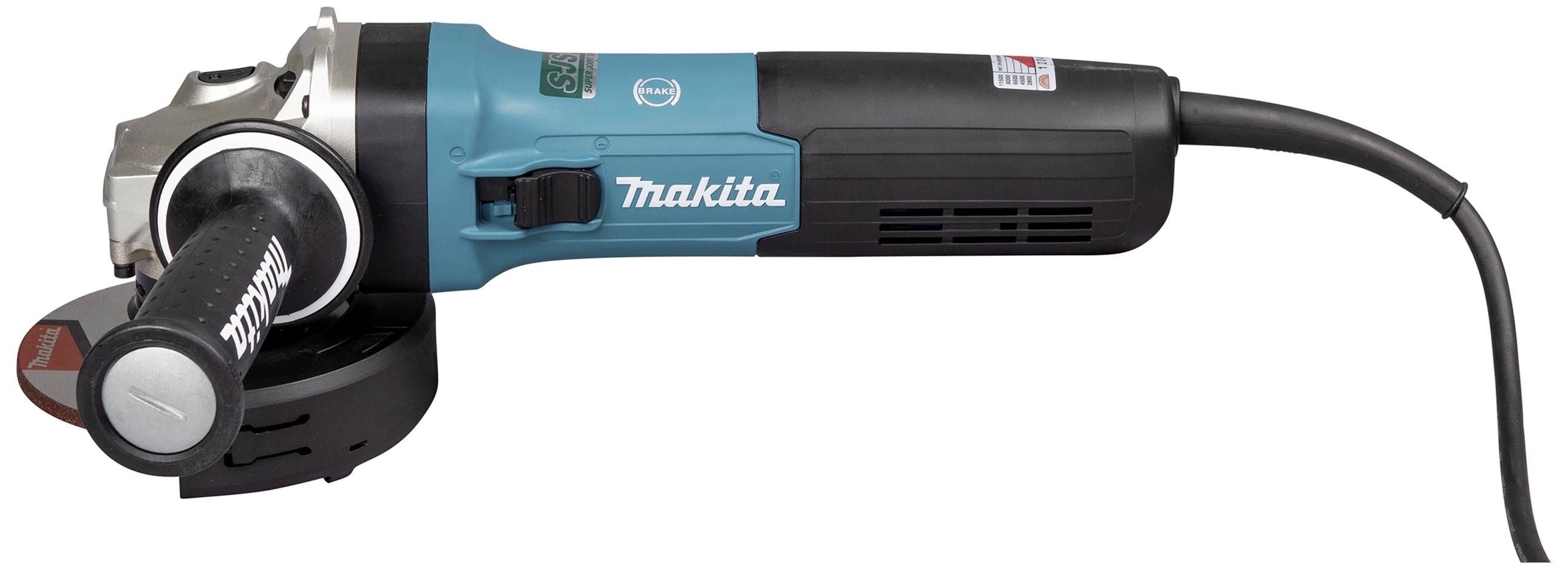 En elektrisk vinkelslipmaskin med blått och svart hölje, handtag på sidan och en öppen strömbrytare.