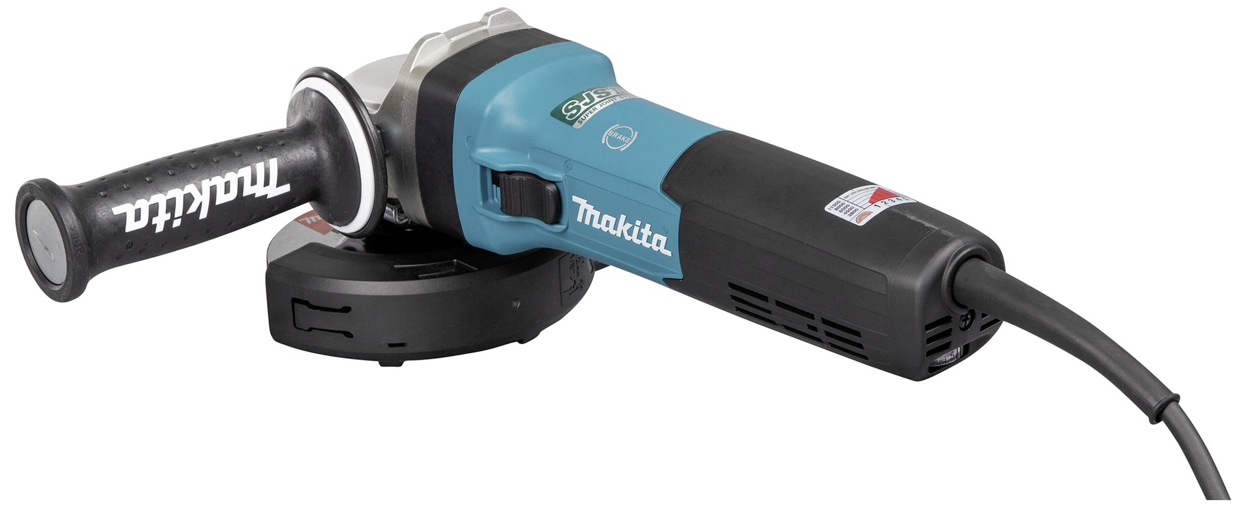 En blå vinkelslip med svart handtag och kabel, varumärket 'Makita' synligt på sidan.