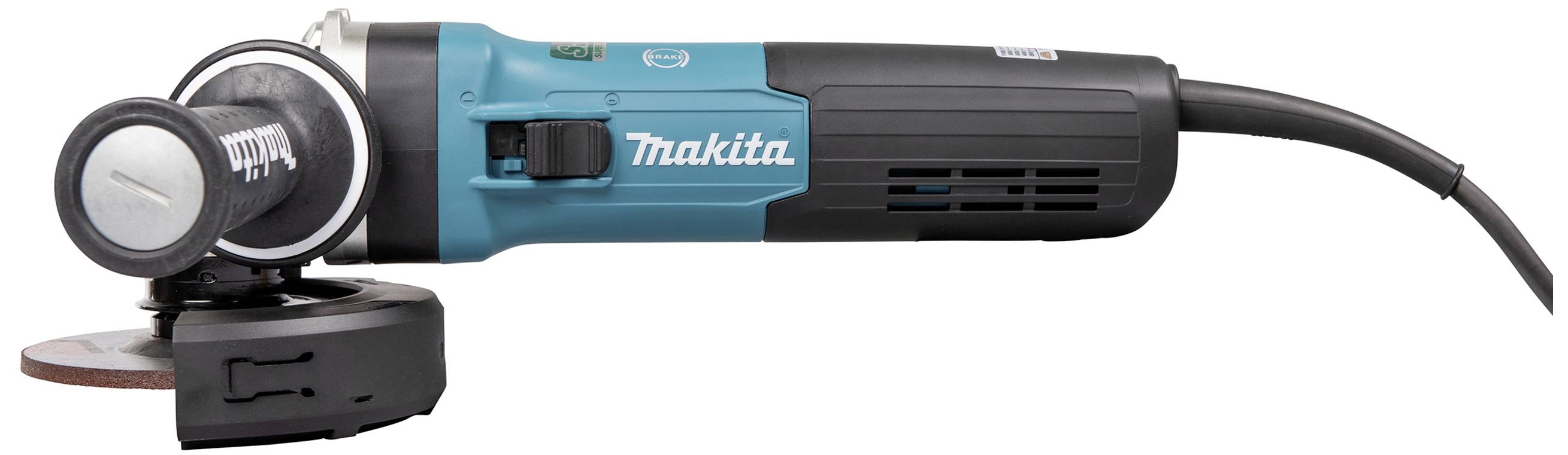 En elektrisk vinkelslip från märket Makita med ett svart och blått hölje, lämplig för skärning och slipning.