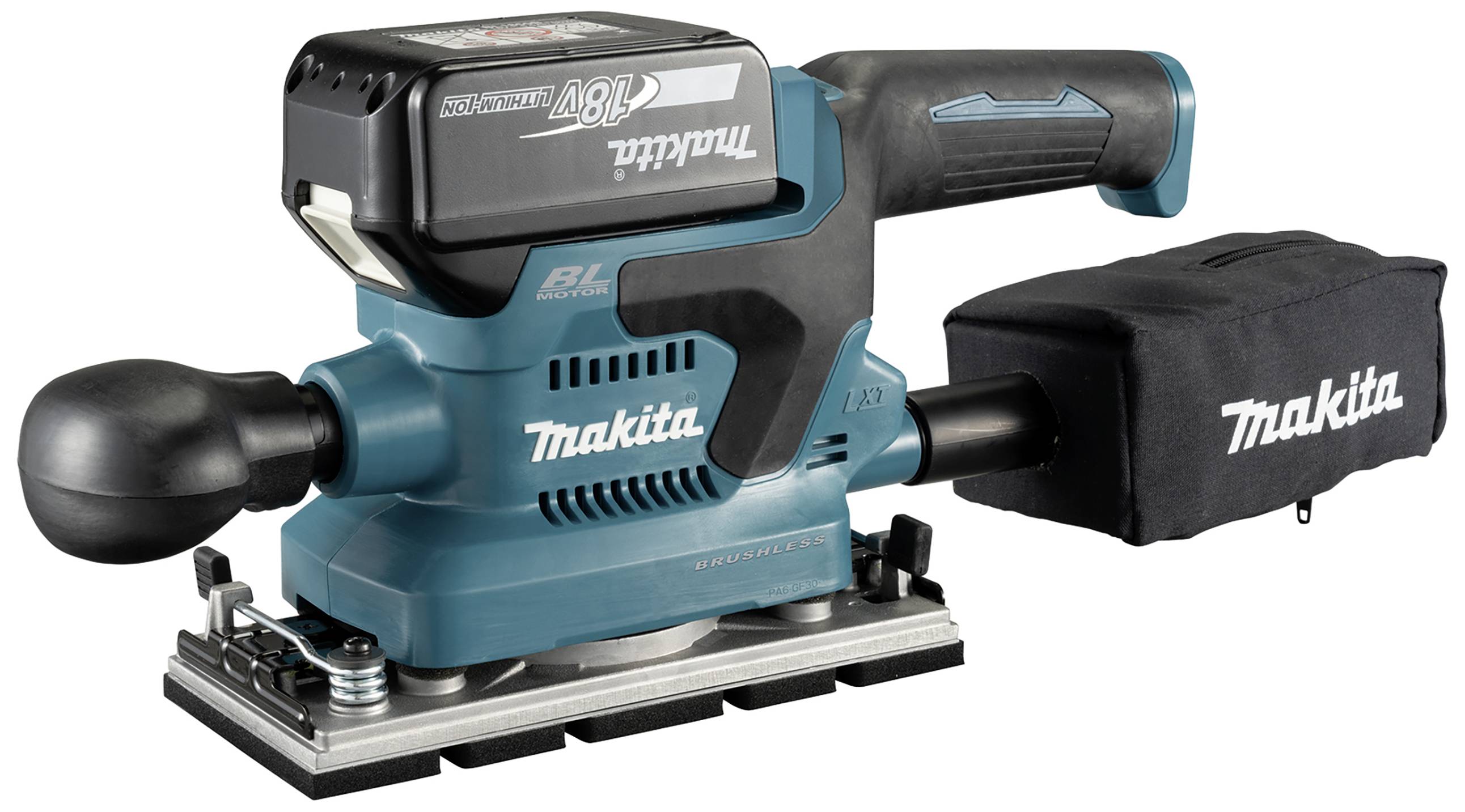 Makita batteridrivet deltaslipmaskin, modellnummer DBO380, med dammuppsamlingspåse och ergonomiskt handtag, lämplig för sliparbeten.