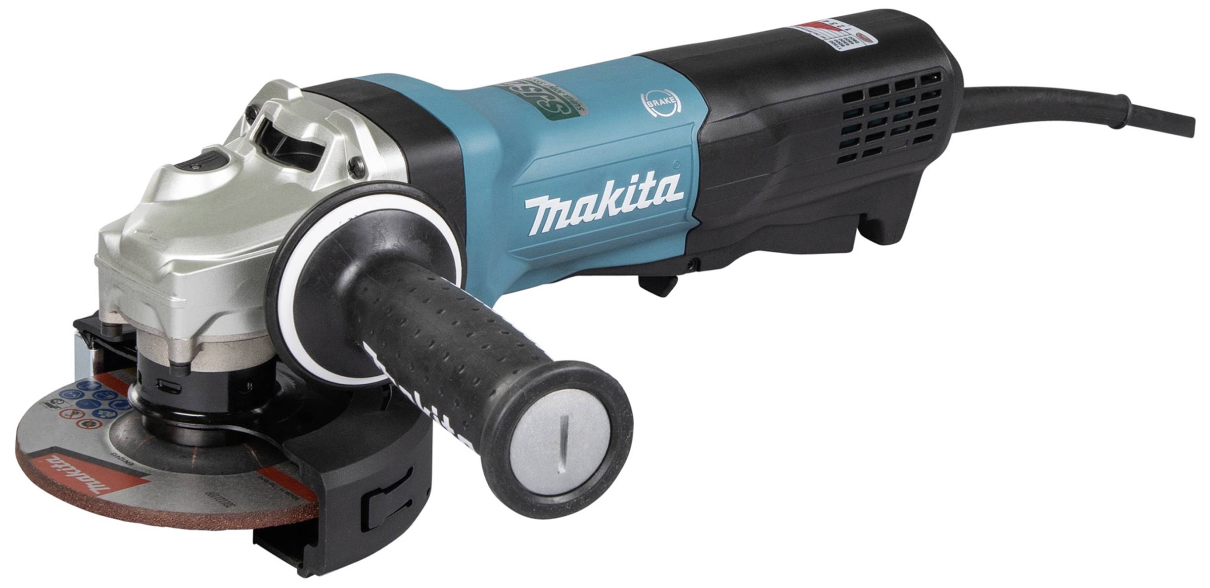 Vinkelslipmaskin från Makita, blå-svart med silverfärgat hölje, sidohandtag och röd slipskiva. Lämplig för metallbearbetning.