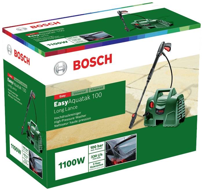 Förpackningen till en högtryckstvätt märkt 'Bosch EasyAquatak 100' visar apparaten och dess tillbehör. Effekt: 1100W, 100 bar.