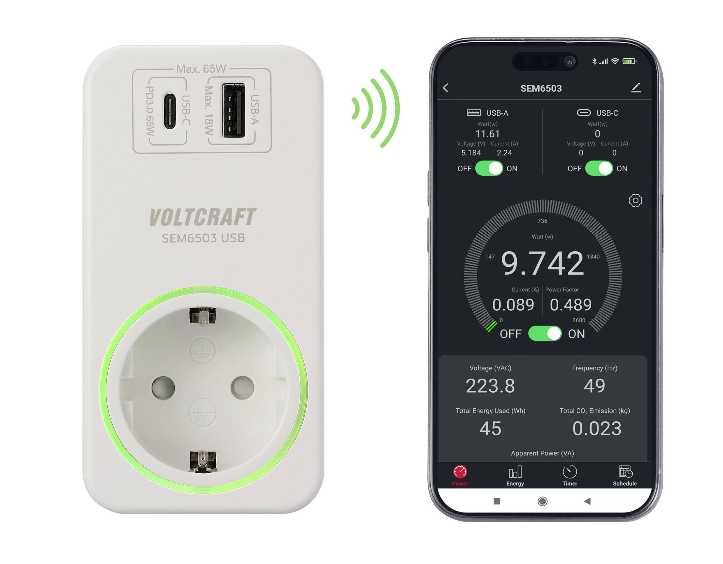 Smart-uttag 'VOLTCRAFT SEM6503 USB' visar energiförbrukning på smartphone-app. Uttag och app-skärm visas med mätvärden.