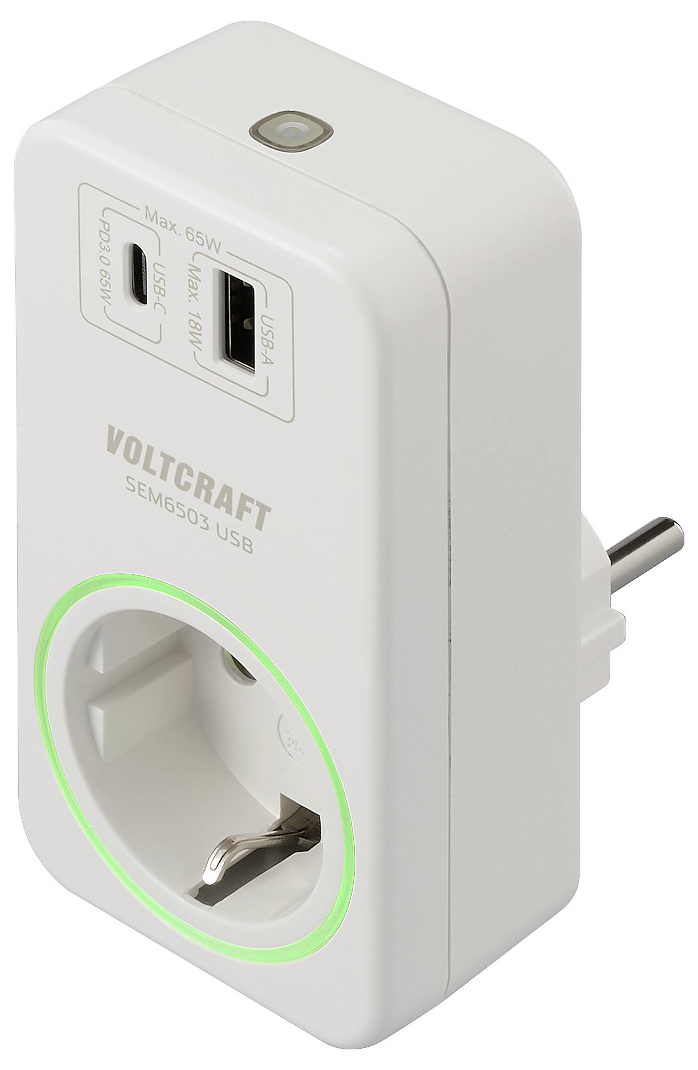 Strömätare från Voltcraft med USB-portar och eluttag för övervakning av energiförbrukning.