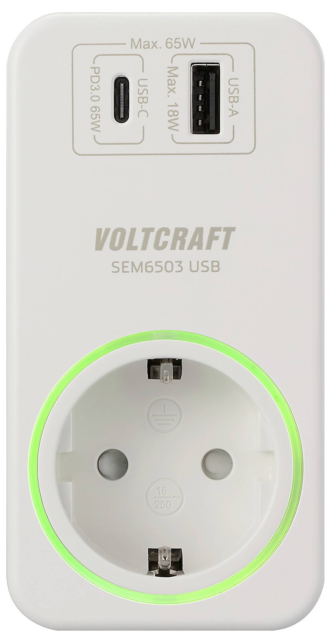En vit stickkontaktsadapter med USB-C- och USB-A-portar, tryckt med 'VOLTCRAFT SEM6503 USB', omgiven av grönt ljus.
