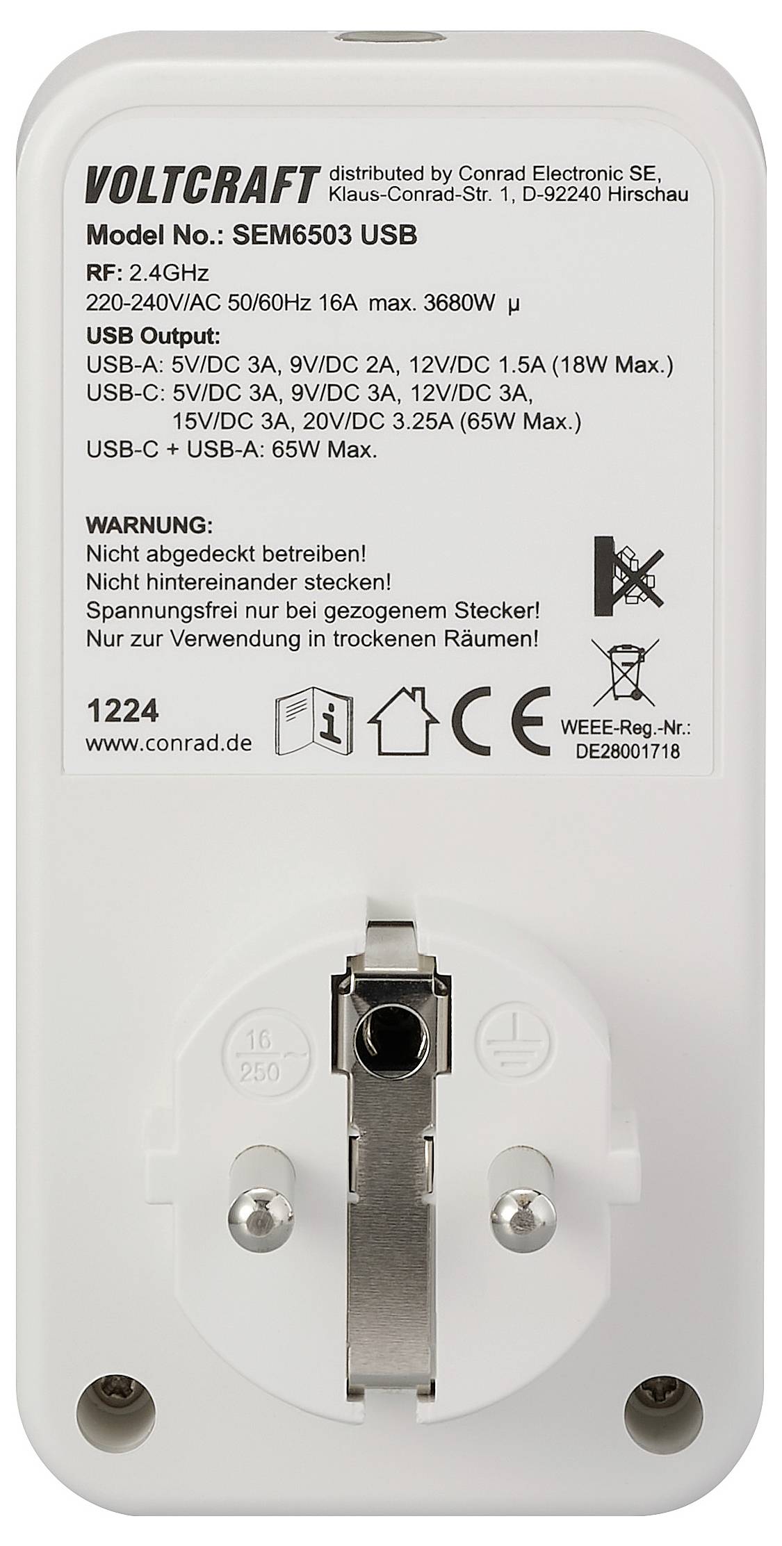 Baksidan av en Voltcraft SEM6503 USB-uttags-adapter med tekniska specifikationer, USB-utgångar och tillverkarinformation.