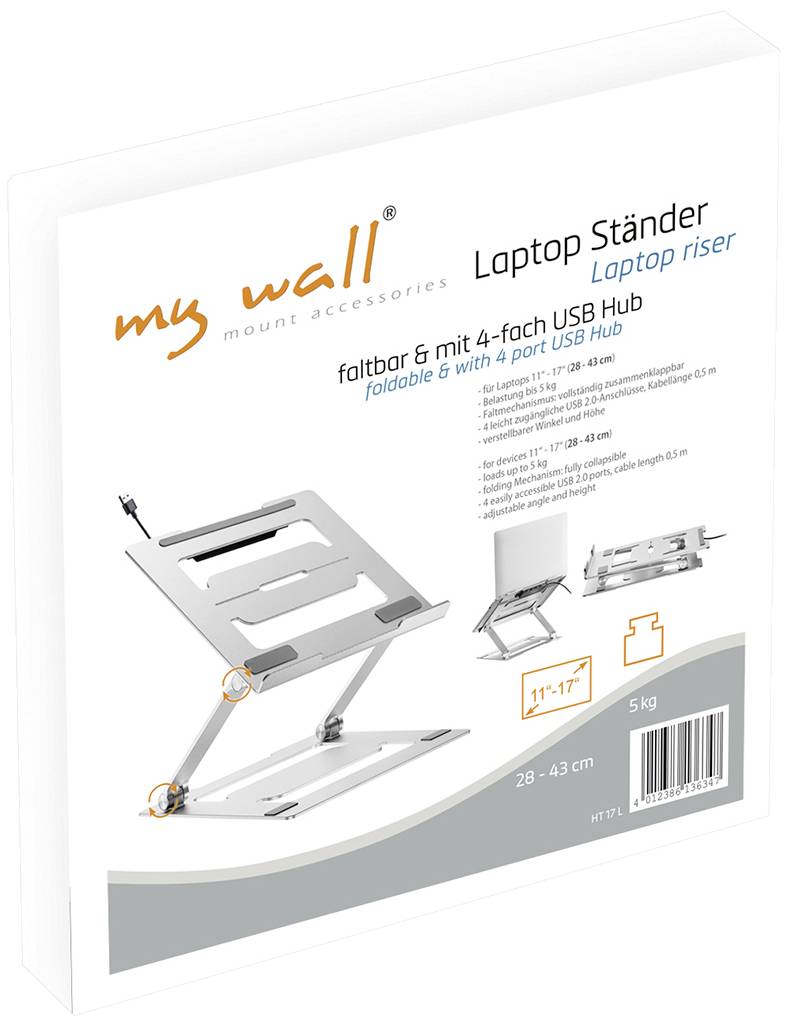 Här är översättningen:<br><br>'My wall Laptop Ständer' Förpackning: vikbar stativ med 4-ports USB-hubb, lämplig för 11"-17" laptops.