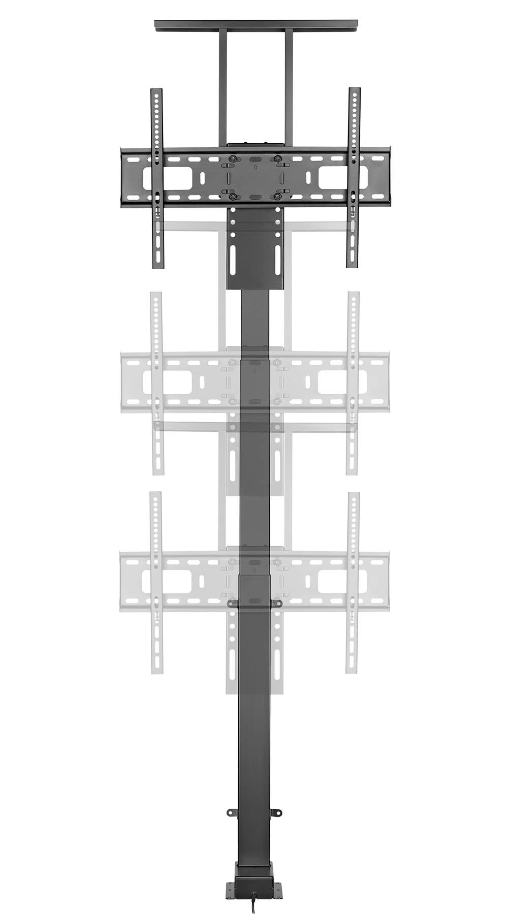 Justerbar TV-hållare i upprätt läge, med flera steg för höjdjustering. Lämplig för takmontering.