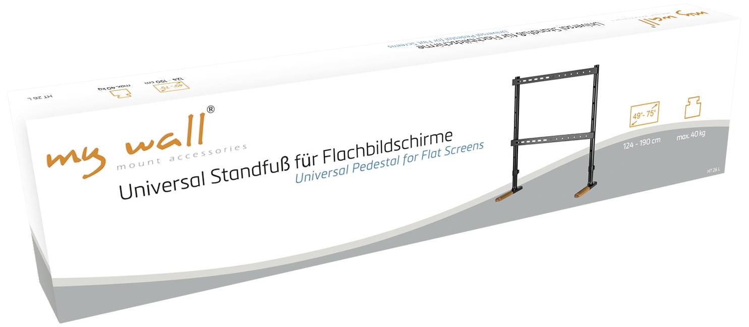 Förpackning för ett universellt bordsstativ för platta skärmar med produktavbildning. Varumärke 'my wall'. Passar upp till 75 tum.
