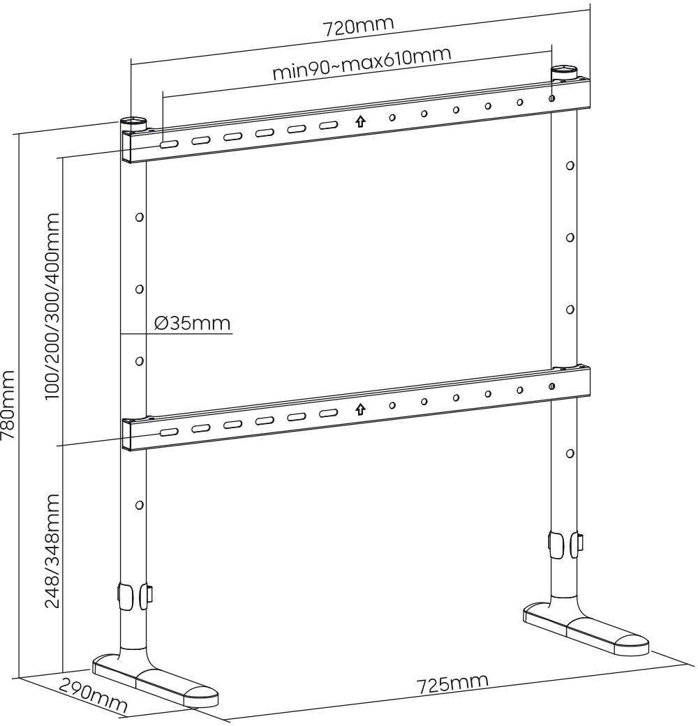 Teknisk ritning av ett justerbart bordsstativ. Mått: Bredd 720 mm, höjd 780 mm, djup 290 mm. Höjdjusterbar 248-348 mm.
