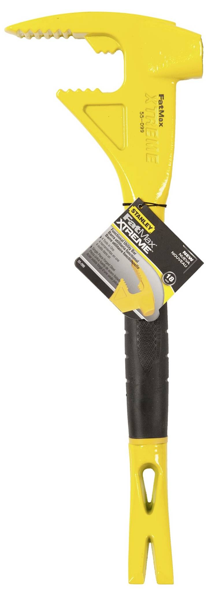 Gul universell hammare med sågad ände, lämplig för hamring och användning som tång. Förpackningen visar produktdetaljer och varumärke.