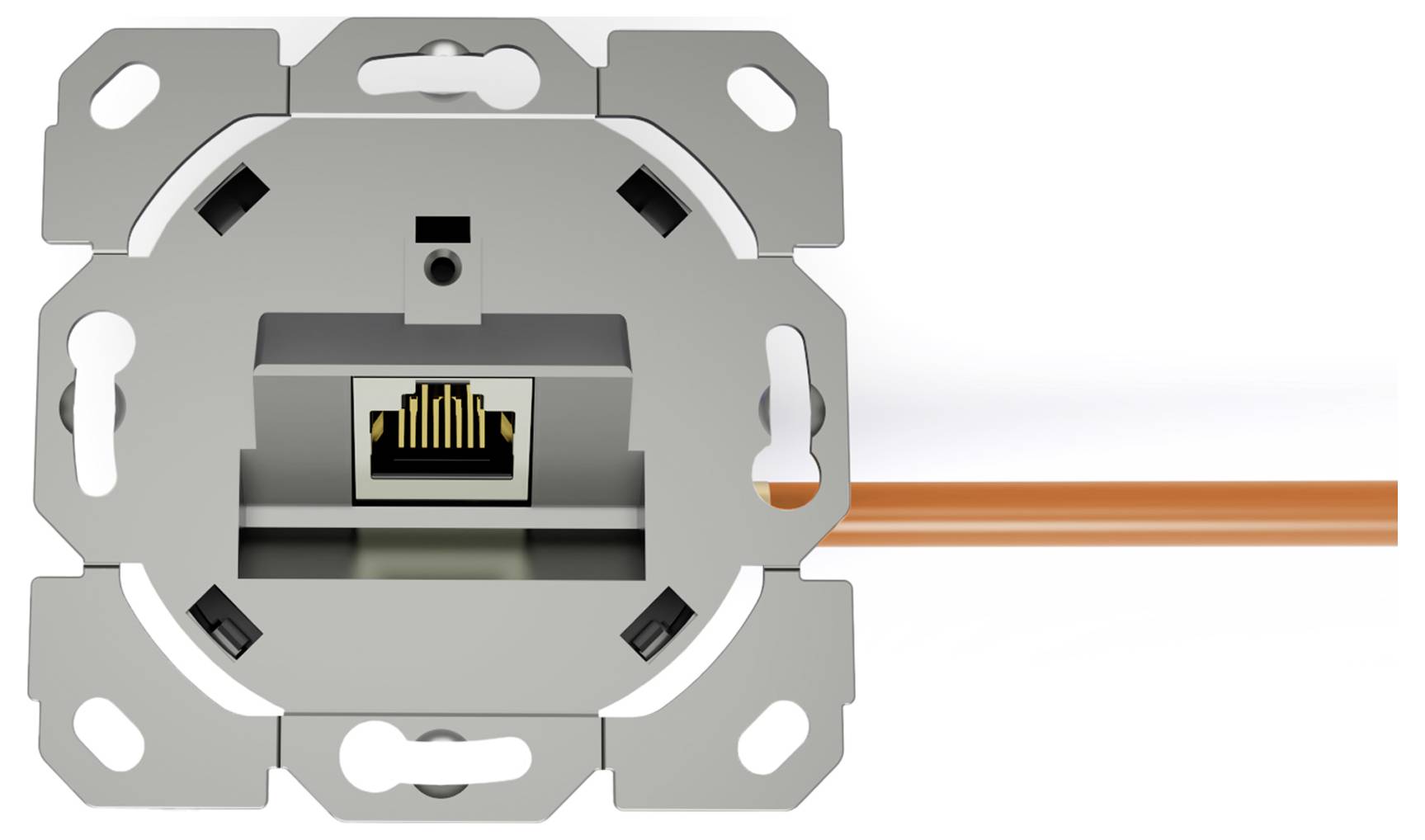 Ett Ethernet-vägguttag med en orange Ethernet-kabel ansluten, som visar frontvy av uttaget och en del av kabeln.
