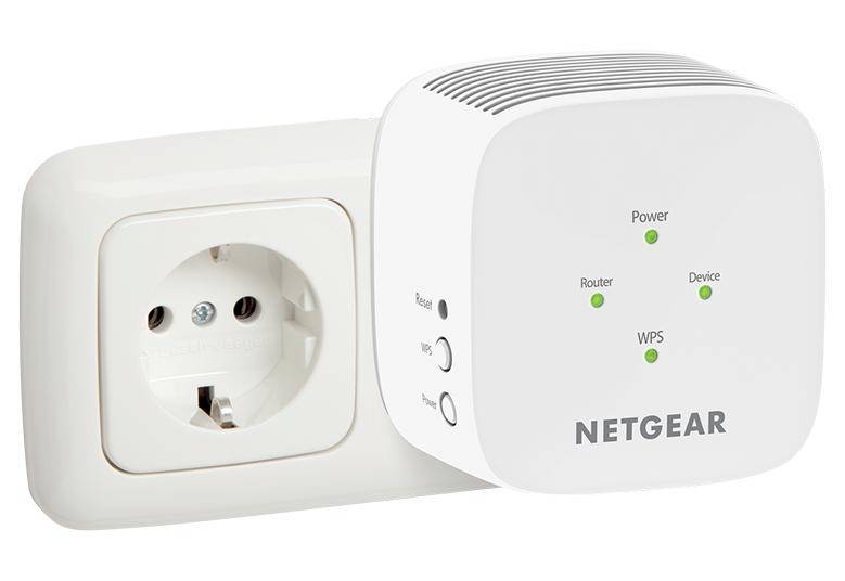 Nätkontakt och vit Netgear WiFi-repeater med LED-indikatorer för Ström, Router, Enhet och WPS, avsedd för signalförstärkning.