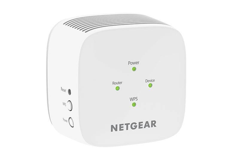 En vit Netgear WiFi-förstärkare med kontrollampor för Ström, Router, Enhet och WPS. Knappar för Återställ och WPS på sidan.