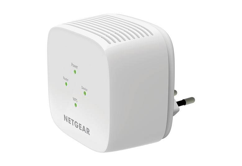En vit Netgear WiFi-förstärkare med inskriptionen 'NETGEAR' på framsidan och statuslysdioder för Ström, Router, Enhet och WPS.