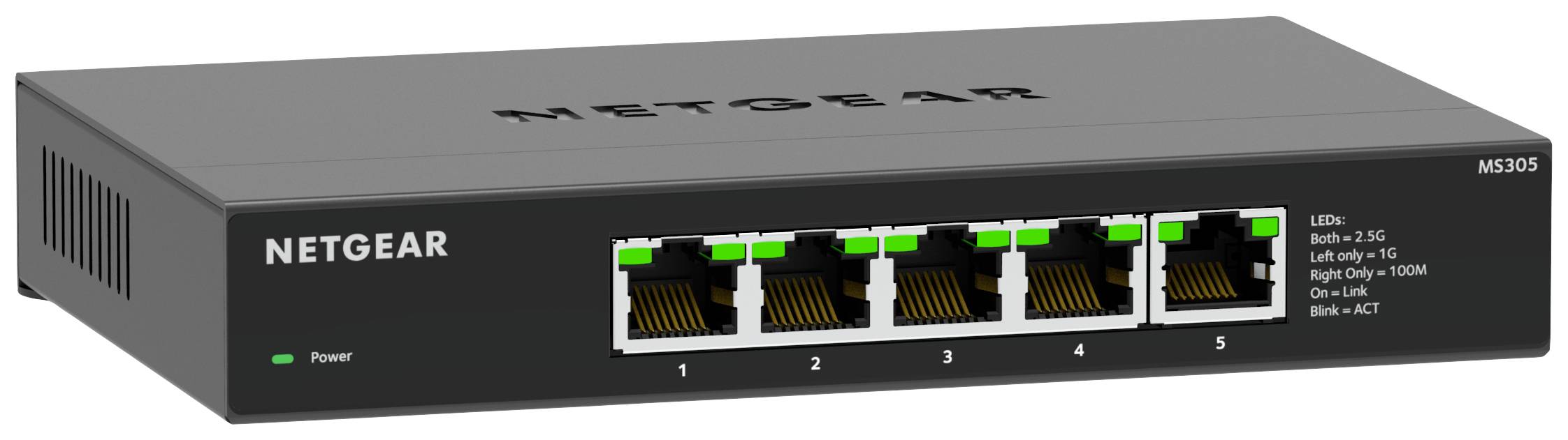 Nätverksswitch med fem Ethernet-portar och LED-indikatorer för anslutningshastighet och aktivitet. Märkt 'NETGEAR'.