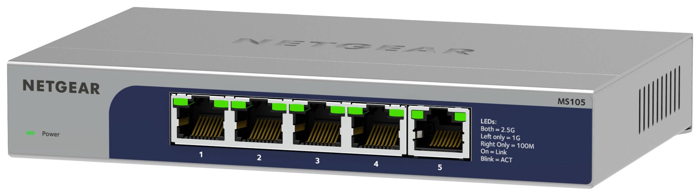 En grå NETGEAR-switch med fem Ethernet-portar, alla portar visar gröna aktivitetslampor.