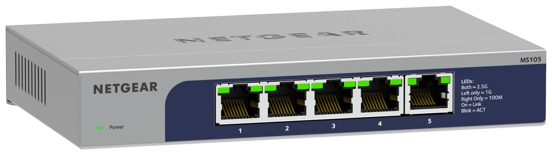 Nätverksswitch från Netgear med fem Ethernet-portar. LED-lampor på framsidan indikerar status. Modellnummer: MS105.