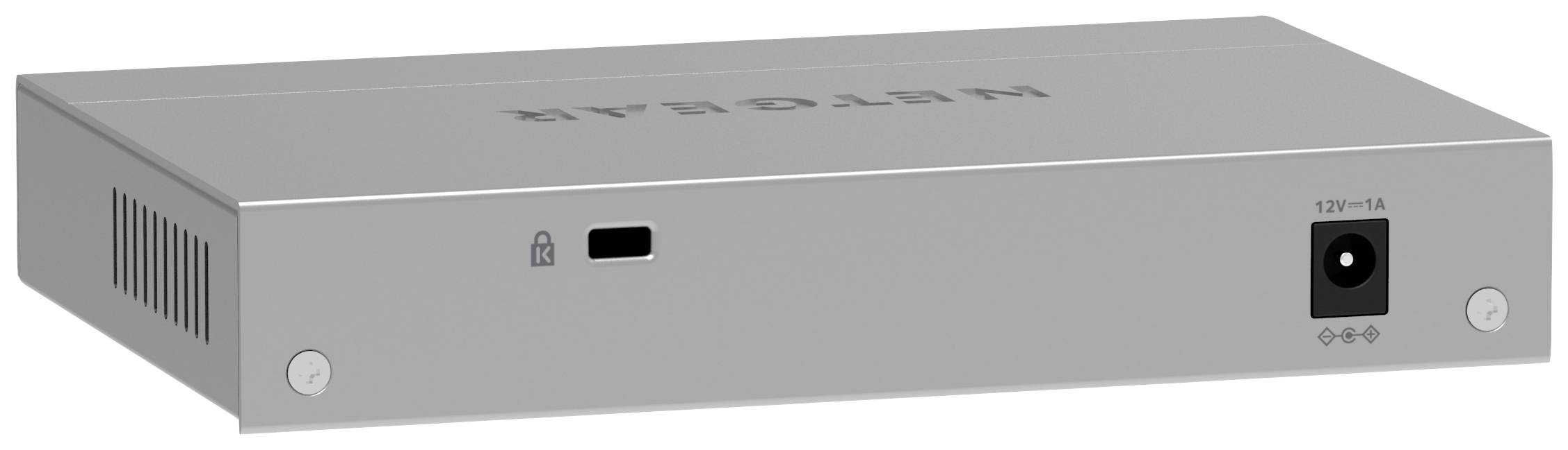 En silverfärgad nätverksswitch med flera ventilationsöppningar, en USB-port och en strömkontakt på baksidan.