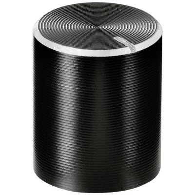 En cylindrisk, svart, räfflad metallknapp med en blank avplattad ovansida och en liten inskärning.